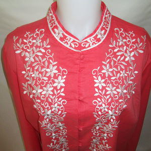 Talbots coral orange, white embroidery shirt XL